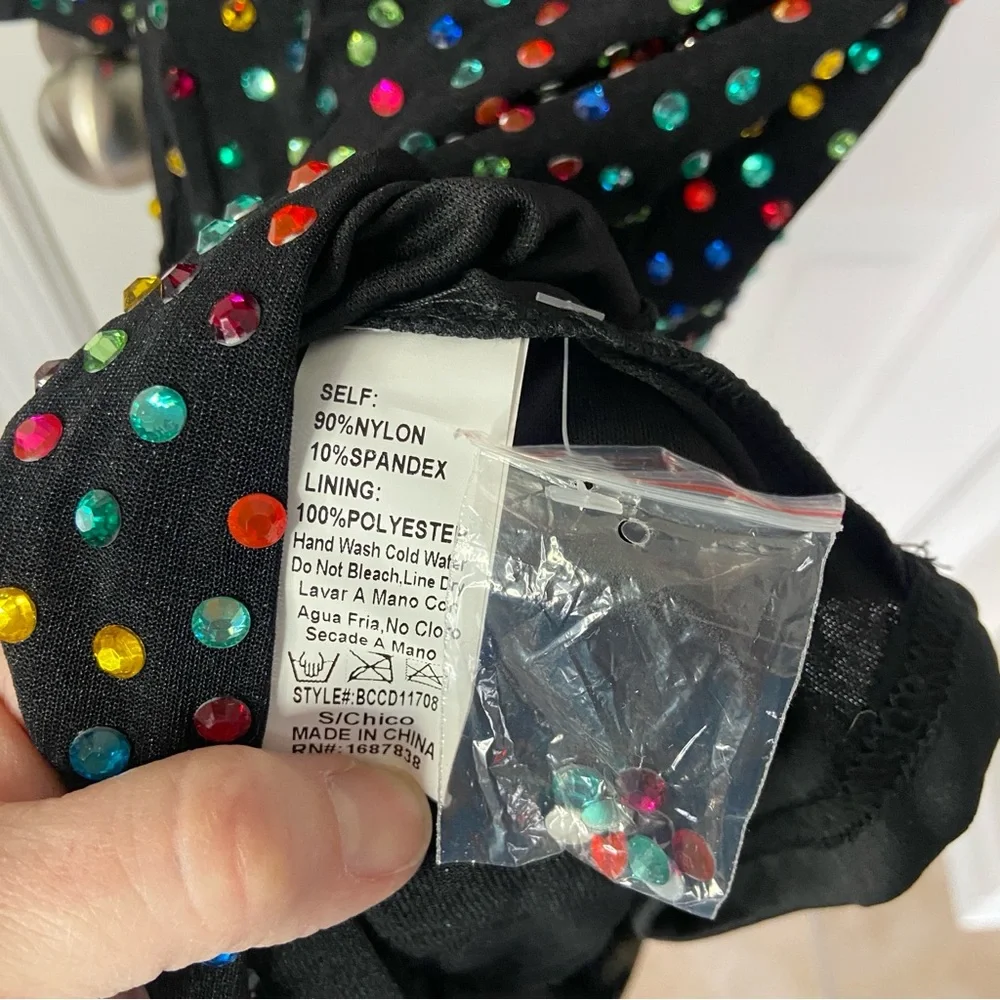 AKIRA Multicolored Rhinestone Bodycon Black Midi Dress Nylon Size Small - Picture 7 of 10